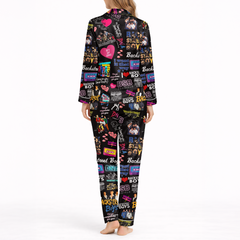 Women’s Silky Satin Pajama Set – Retro 90s Music Inspired Print