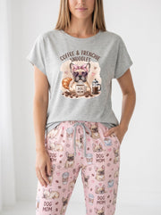 Coffee & Frenchie Dog Mom Soft Knit Pajama Set for Women