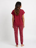 Deep red dog mom soft knit pajama set — French Bulldog graphic tee and AOP jogger pants for women