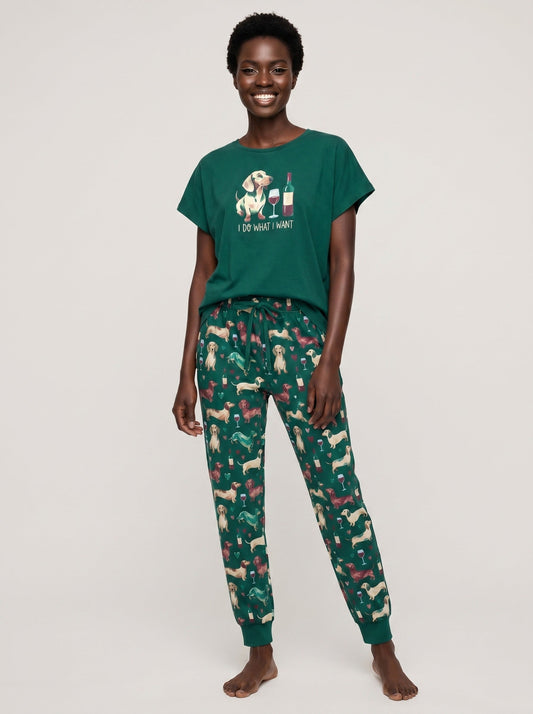 Dachshund & Wine Soft Knit Pajama Set for Playful Dog Moms