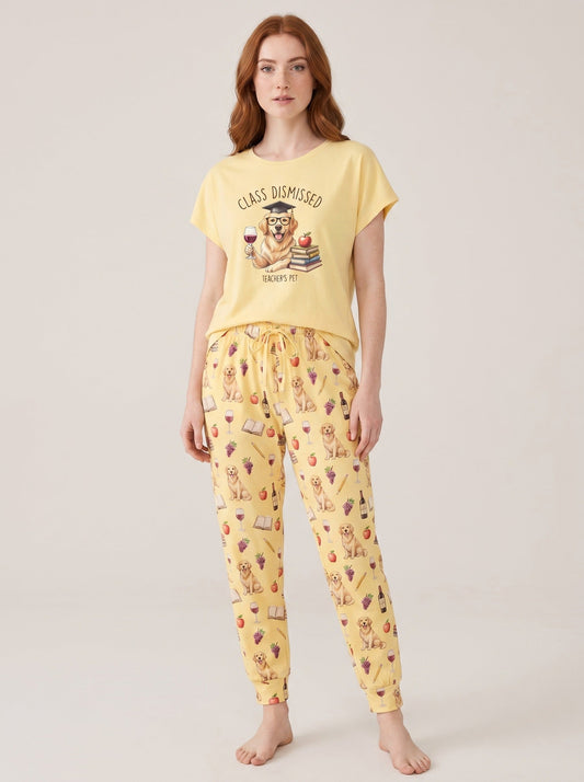 Class Dismissed Golden Retriever Knit Pajama Set for Women — Teacher & Dog Mom Sleepwear
