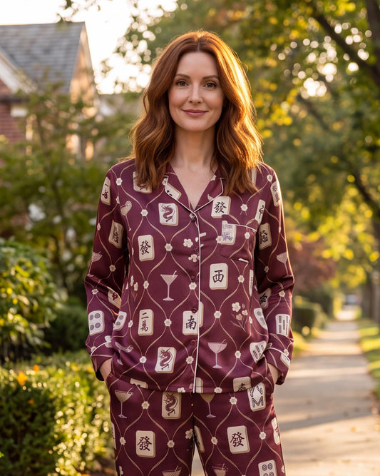 Burgundy Mahjong Cocktail Pajama Set for Women