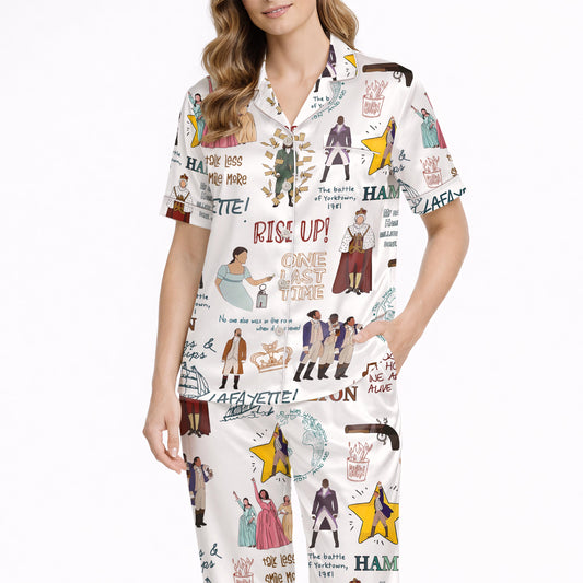 women musical theme silky satin pajama set front view