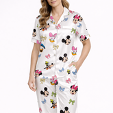 Women’s Silky Satin Pajama Set – Cute Cartoon Friends Print