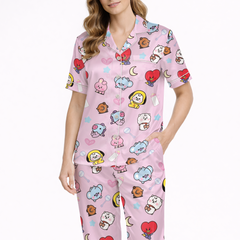 Cute Cartoon Print Silky Satin Pajama Set for Women