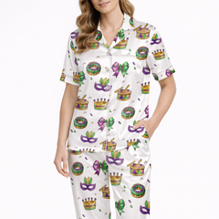 Mardi Gras Coquette Silky Satin Pajama Set For Women