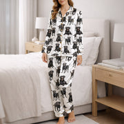 Women's pajama set featuring an all-over print of black Labrador Retrievers, made from soft silky satin fabric, perfect for dog lovers.