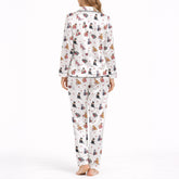 Women's pajama set with a cute cat and heart pattern on a white background, featuring various colored cats holding red hearts, perfect for pet lovers and cozy sleepwear.