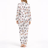 Women's pajama set with a cute cat and heart pattern on a white background, featuring various colored cats holding red hearts, perfect for pet lovers and cozy sleepwear.
