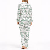 Women's pajama set featuring a unique green sketch pattern of military vehicles including tanks, warships, fighter jets, and helicopters on a white background, perfect for comfort and style.