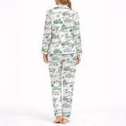 Women's pajama set featuring a unique green sketch pattern of military vehicles including tanks, warships, fighter jets, and helicopters on a white background, perfect for comfort and style.