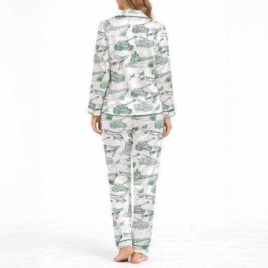 Women's pajama set featuring a unique green sketch pattern of military vehicles including tanks, warships, fighter jets, and helicopters on a white background, perfect for comfort and style.