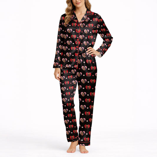 Personalized custom face heart pattern pajamas for women, featuring red, pink, and white hearts on a black background, available in various knit sleepwear styles including long sets, short sets, and nightgowns.