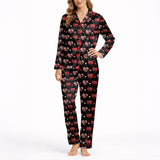 Personalized custom face heart pattern pajamas for women, featuring red, pink, and white hearts on a black background, available in various knit sleepwear styles including long sets, short sets, and nightgowns.