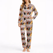 Women's pajama set with a festive Christmas chicken pattern, featuring chickens wearing Santa hats and reindeer antlers on a light grey background, perfect for holiday comfort.
