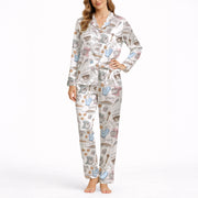 Women's baking-themed pajama set featuring cute illustrations of stand mixers, cupcakes, cookies, and baking tools in pastel colors on a white background.