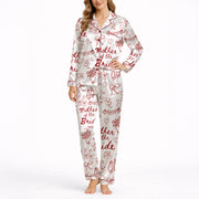 Women's Mother of the Bride pajama set with red hand-drawn wedding motifs on white fabric, including ballet slippers, champagne flutes, doves, and hearts.