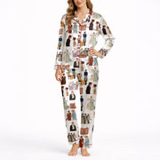 Women's pajama set with a repeating pattern of illustrated Pride and Prejudice characters and book covers, featuring Elizabeth Bennet and Mr. Darcy, on soft silky satin fabric.