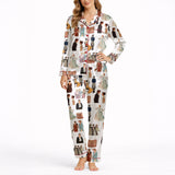 Women's pajama set with a repeating pattern of illustrated Pride and Prejudice characters and book covers, featuring Elizabeth Bennet and Mr. Darcy, on soft knit fabric.