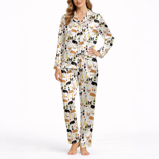 Women's pajama set featuring a fun and whimsical pattern of cute corgi dogs, wine bottles, wine glasses, beer glasses, and martini cocktails on a white background, perfect for pet lovers and relaxation.