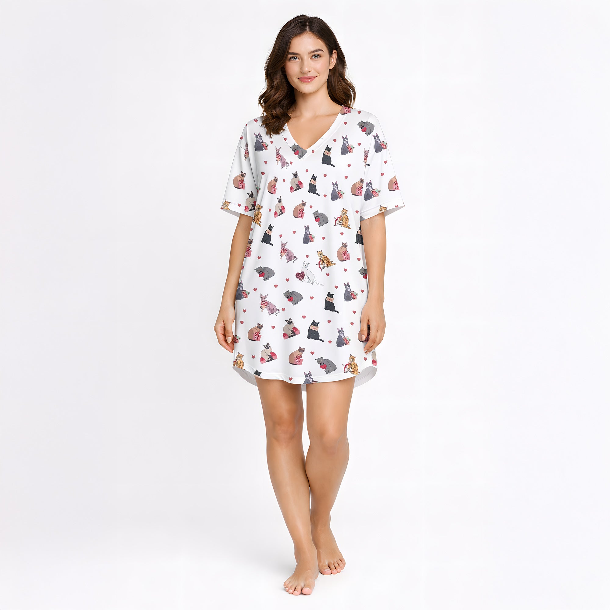 Women's pajama set with a cute cat and heart pattern on a white background, featuring various colored cats holding red hearts, perfect for pet lovers and cozy sleepwear.