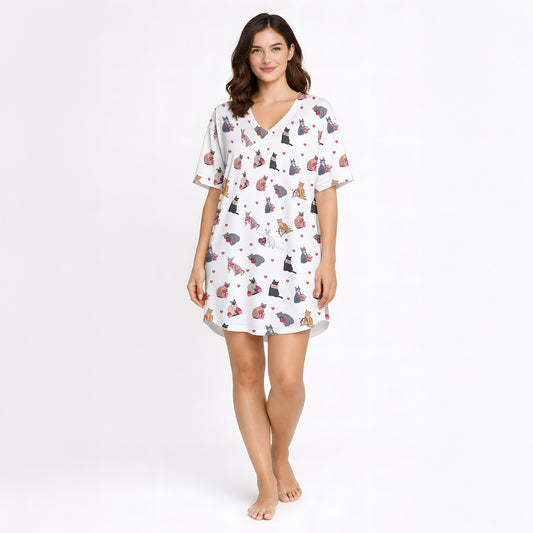 Women's pajama set with a cute cat and heart pattern on a white background, featuring various colored cats holding red hearts, perfect for pet lovers and cozy sleepwear.