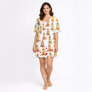 Women's pajama set featuring a fun and adorable watercolor print of Golden Retrievers dressed in various playful outfits, perfect for dog lovers.