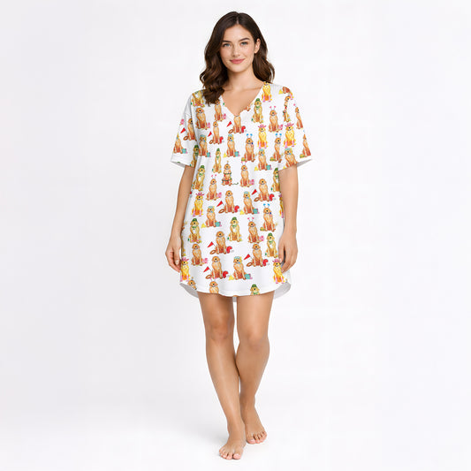 Women's pajama set featuring an all-over print of cute Golden Retrievers in various festive and seasonal outfits, on a white background.