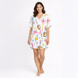 Women's pajama set featuring a cute watercolor print of pink and blue baseball bats, yellow softballs, brown gloves, and scattered hearts on a white background.