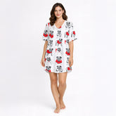 Women's pajama set with a repeating pattern of cute cartoon bulldogs wearing red sweaters on a white background, perfect for dog lovers.