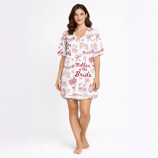 Women's Mother of the Bride pajama set with red hand-drawn wedding motifs on white fabric, including ballet slippers, champagne flutes, doves, and hearts.
