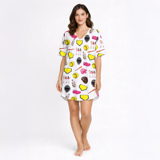 Women's pajama set featuring a white background with a colorful softball-themed pattern including softballs, bats, helmets, gloves, home plates, and female players.