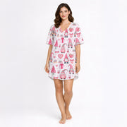 Women's pajama set featuring a charming pink and white watercolor gnome and heart pattern, perfect for Valentine's Day or cozy lounging.