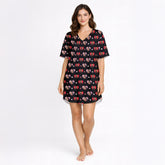 Personalized custom face heart pattern pajamas for women, featuring red, pink, and white hearts on a black background, available in various knit sleepwear styles including long sets, short sets, and nightgowns.