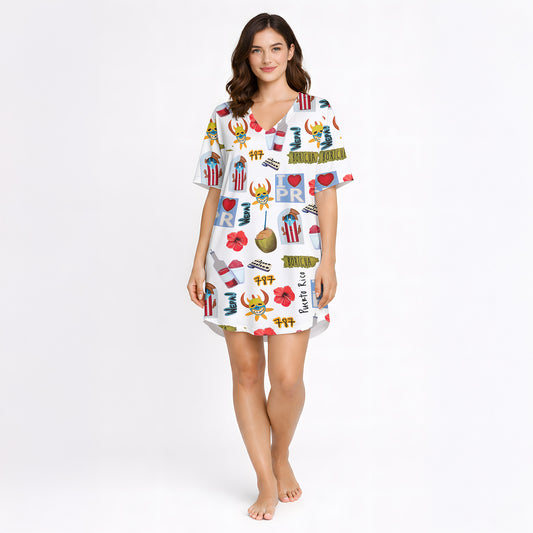 Woman wearing a white long-sleeve button-down pajama set with a colorful, all-over print featuring Puerto Rican cultural symbols like the flag, Coqui frog, Vejigante mask, and 'I love PR' text. The pajamas are made of soft knit fabric.