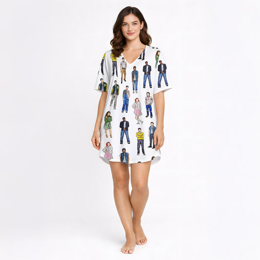 Women's pajama set featuring a unique all-over retro fashion illustration print with stylized figures in 80s and 90s inspired outfits on a white background.