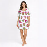 Women's pajama set featuring a fun all-over pickle jar print with pink bows, made from soft knit fabric. Includes a short sleeve button-down top and matching shorts.