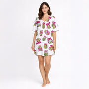 Women's pajama set featuring a fun all-over pickle jar print with pink bows, made from soft knit fabric. Includes a short sleeve button-down top and matching shorts.