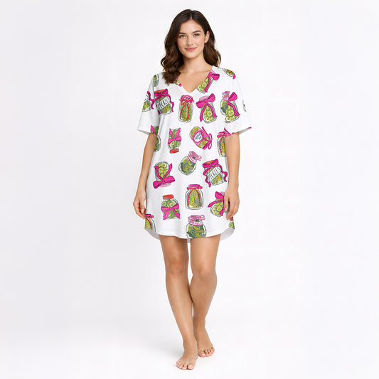 Women's pajama set featuring a fun all-over pickle jar print with pink bows, made from soft knit fabric. Includes a short sleeve button-down top and matching shorts.
