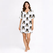Women's pajama set featuring an all-over print of cute black cats eating ramen noodles, perfect for cat lovers and foodies.