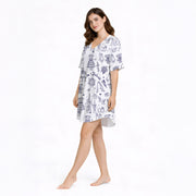 Women's white pajama set with blue line art bridal and wedding themed doodles, including 'Future Mrs.' text, wedding cakes, rings, and shoes.