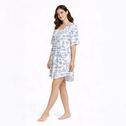 Women's white pajama set with blue wedding-themed doodle pattern, featuring wedding cars, cakes, churches, rings, and 'We're Gonna Get Married' text, perfect for bridal showers or bachelorette parties.