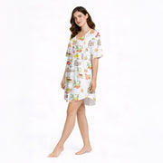 Women's Nightgown - V-Neck Short Sleeve Knit Italian Print