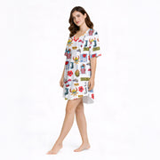 Women's knit pajama set featuring a vibrant Puerto Rican cultural pattern with coqui frogs, hibiscus, coconuts, and 'I Love PR' text, perfect for comfortable loungewear.