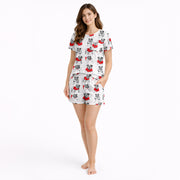 Women's pajama set with a repeating pattern of cute cartoon bulldogs wearing red sweaters on a white background, perfect for dog lovers.