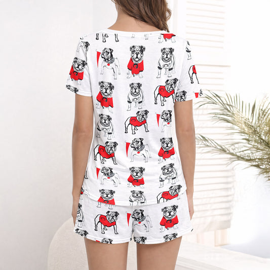 Women's pajama set with a repeating pattern of cute cartoon bulldogs wearing red sweaters on a white background, perfect for dog lovers.