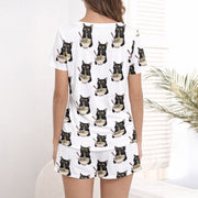 Women's pajama set featuring an all-over print of cute black cats eating ramen noodles, perfect for cat lovers and foodies.