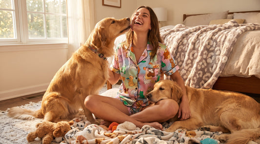 Woman wearing anime pajamas lounging with golden retriever dogs in sunny bedroom