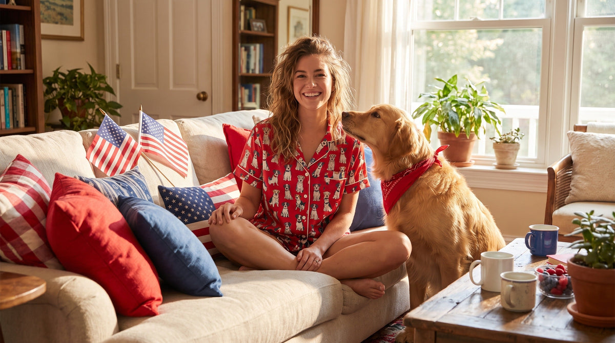 Woman in patriotic dog-print satin pajama set matching with her dog for Fourth of July