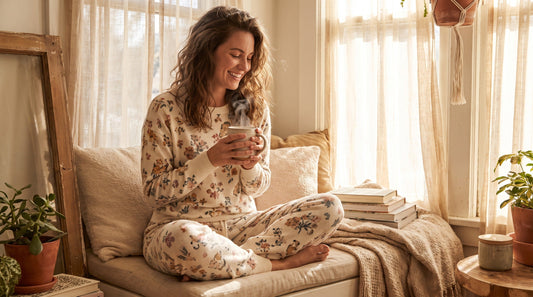 Woman wearing comfortable two-piece pajama set gift for basketball mom summer relaxation